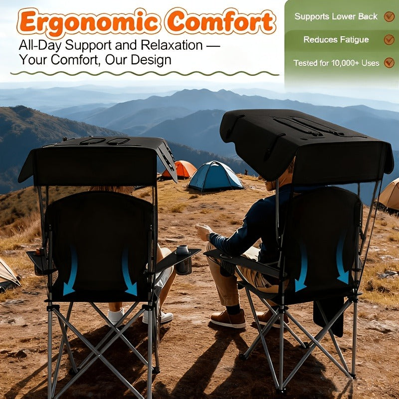 Carry-along Folding Camping Chair with Canopy Sun Shade 600D Oxford Fabric Outdoor Chair for Camping Beach Picnic Fishing Sports Featherlight Collapsible Seat