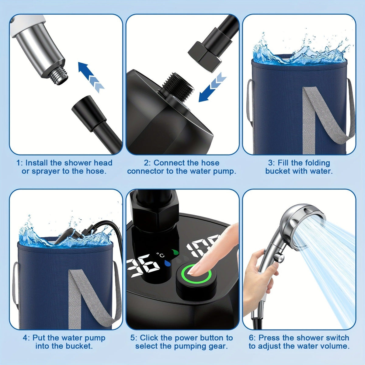 Smart Digital Display, Foldable Bucket Included, Space-saving Featherlight Outdoor Shower Pump for Camping, Hiking, Pet Cleaning, Car Washing & Beach Use - product image 3