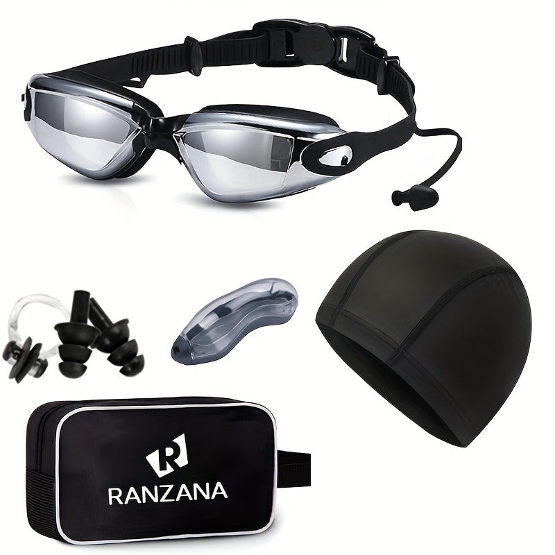 Swimming Goggles 6pcs Set with Cap Nose Clip Earplugs & Storage Bag | UV Protection Anti-Fog Adult Racing Swim Goggles Bundle, Silver-Coated Black Lens - product image 2