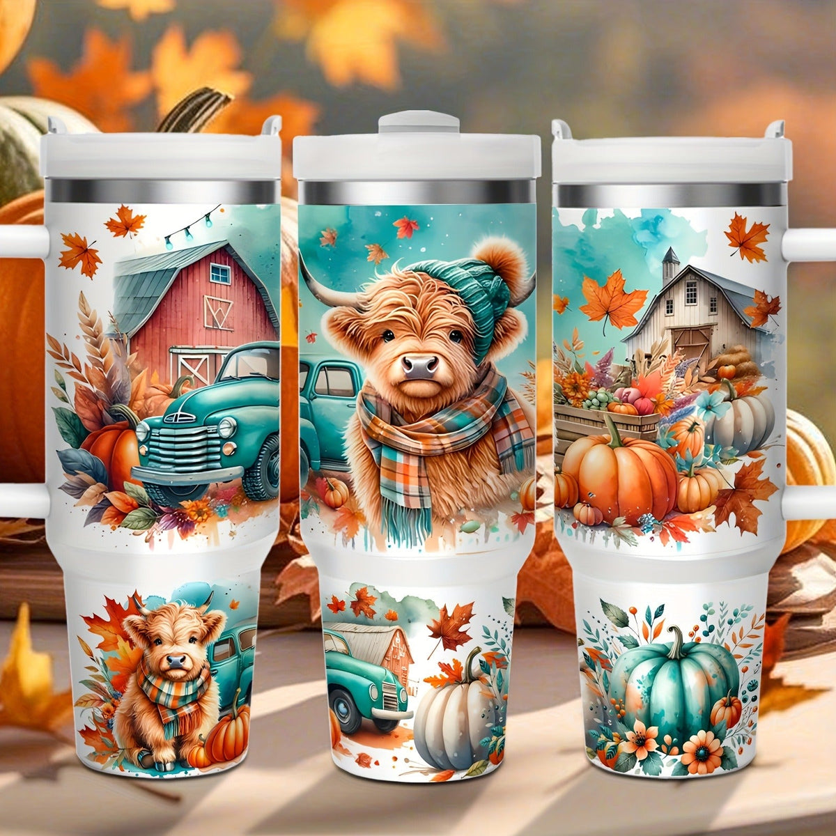Stainless Steel Insulated Tumbler With Lid and Straw – 40oz & 16oz Highland Cow Thanksgiving Water Bottle With Handle – Keeps Cold 24 Hours Hot 12 Hours – Portable Travel Cup for Car Home Office Birthday Gift