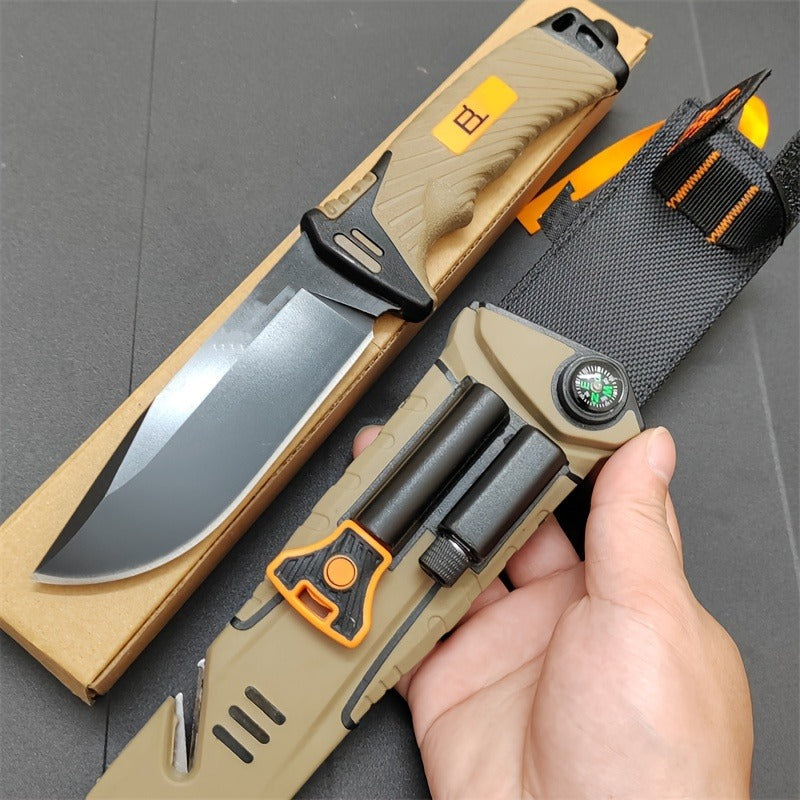 Fixed Blade Outdoor Camping Knife 9.64 Inch Stainless Steel – Non-Slip Ambidextrous Handle for Hiking Mountaineering Adventure – Survival Hunting Knife with Flint Fire Starter Night Light Sharpener Safety Sheath