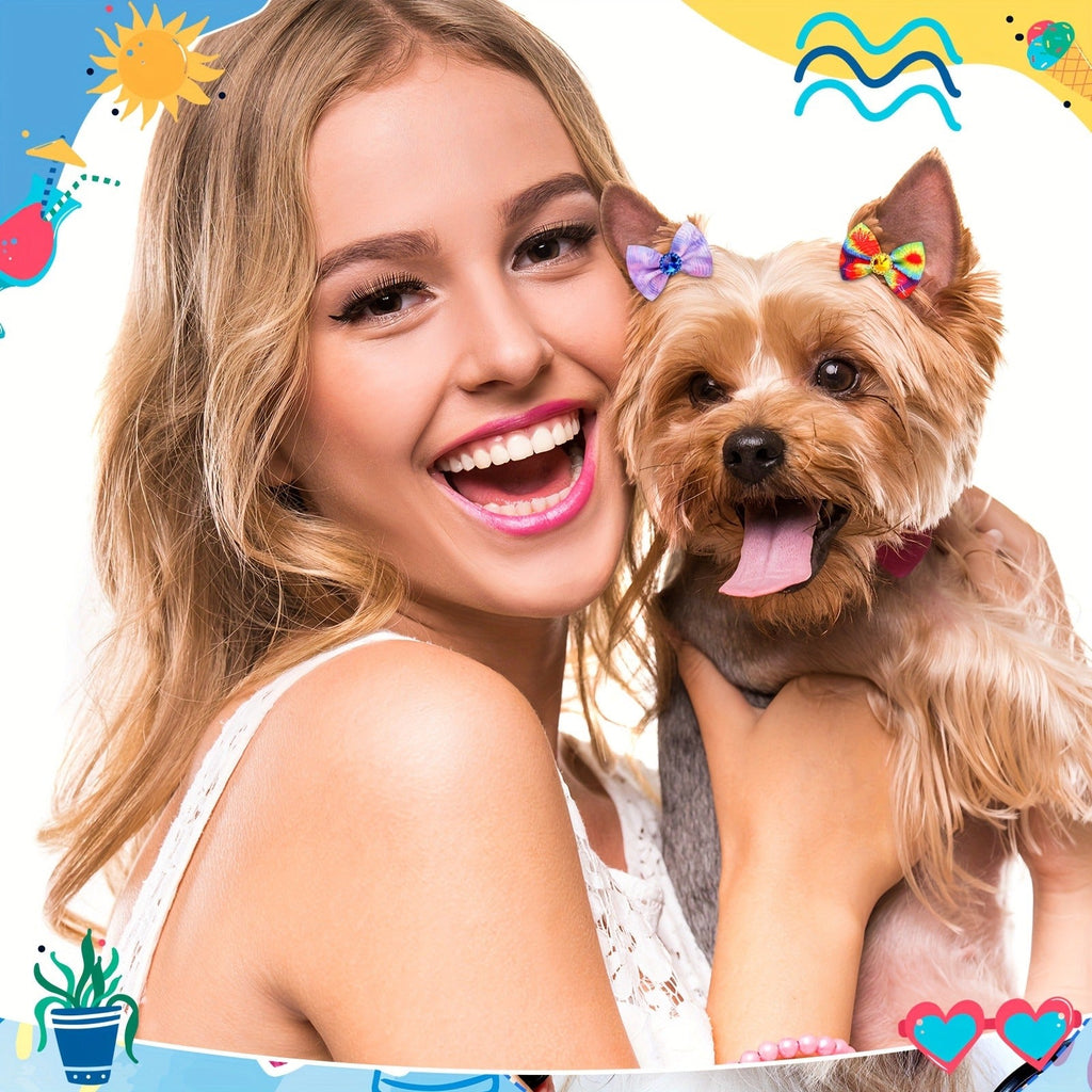Colorful Spring Dog Topknot Bows for Small Dogs, Cats & Grooming Salons, Bulk Hair Bow Set | Dog Hair Bows 100 Pack Tie Dye Rhinestone Puppy Grooming - product image