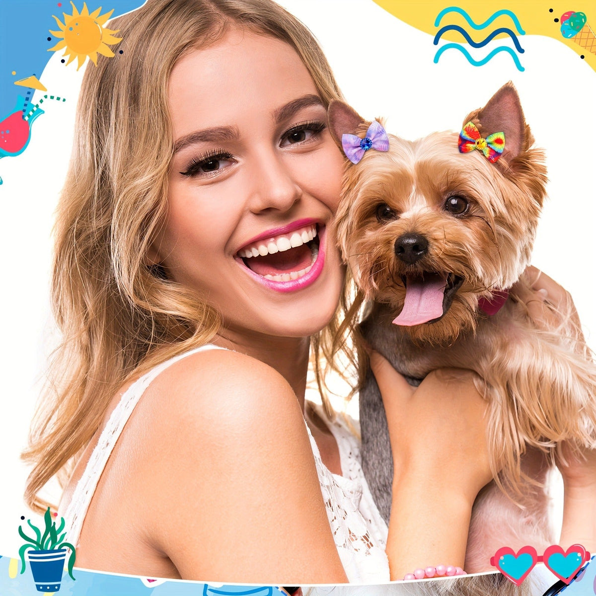 Colorful Spring Dog Topknot Bows for Small Dogs, Cats & Grooming Salons, Bulk Hair Bow Set | Dog Hair Bows 100 Pack Tie Dye Rhinestone Puppy Grooming - product image