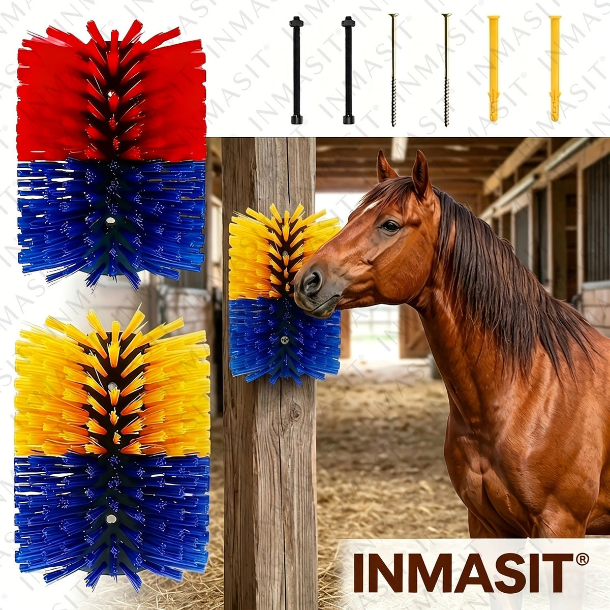 Livestock Grooming Brush Scratcher 8.7" – Easy Install with 4 Screws, Battery-Free Stress Reduction, Red/Blue & Yellow/Blue – All-in-One Massage & Itch Relief - product image 9