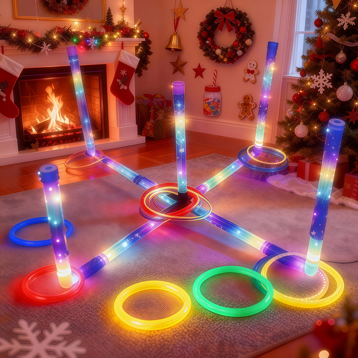 LED Glow Ring Toss Game – Indoor Outdoor Lawn Game for Kids & Family – Glowing Ring Toss Set for Game Night Parties Kindergarten Educational Fun Competition Backyard Play