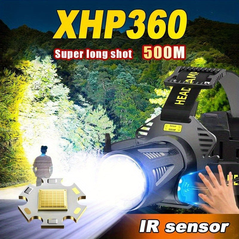 XHP360 Rechargeable Headlamp 3 Modes Sensor 90° Tilt Power Bank Type-C 3x18650 Zoomable Head Torch for Fishing Camping Hiking - product image 5