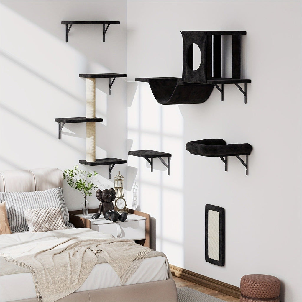 7-Piece Deluxe Wall Mounted Cat Furniture with Condo, Scratching Post, Bridge, Ladder & Tunnel for All Cat Sizes – Cat Wall Shelf Climbing Set - product image 11