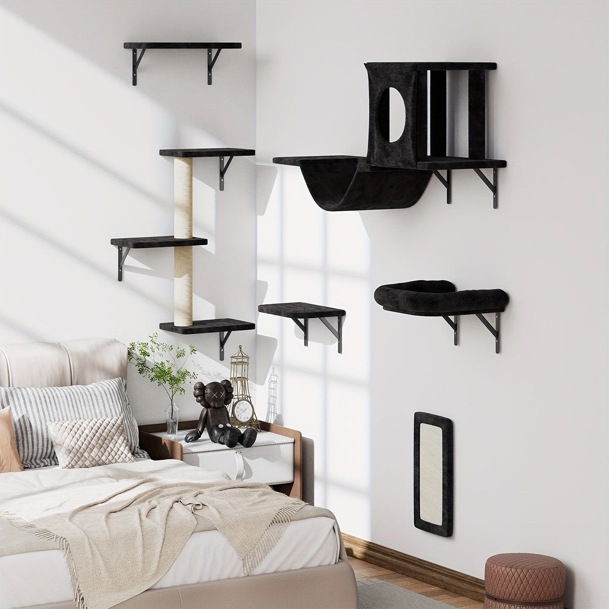 7-Piece Deluxe Wall Mounted Cat Furniture with Condo, Scratching Post, Bridge, Ladder & Tunnel for All Cat Sizes – Cat Wall Shelf Climbing Set - product image 11