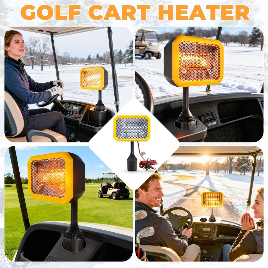 400W Electric Golf Cart Heater Carbon Fiber Fast Heating 360° Adjustable Angle Battery Powered Carry-along Heater with Cup Holder Adapter Compatible with 48V Golf Cart Systems Golf Cart Accessories
