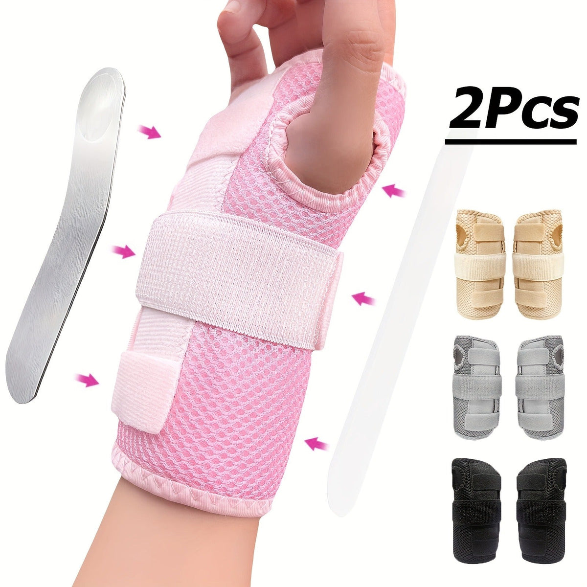 1 Pair Breathable Hook-and-Loop Wrist Guard for Sports, Daily Wear & Injury Recovery, Unisex, Pink / Rose Red / Blue | Wrist Brace with Double Splint Support & Triple Compression