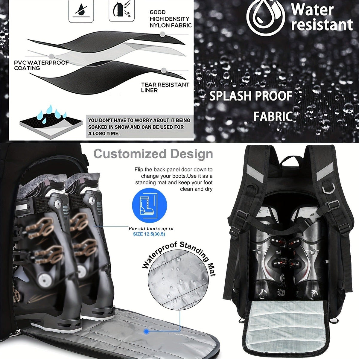 Ski Boot Bag Snowboard Backpack 40-50L Large Capacity Snow Gear Bag for Skiing Helmet Goggles Gloves Snowboard Accessories Winter Sports Equipment Bag Black - product image 3