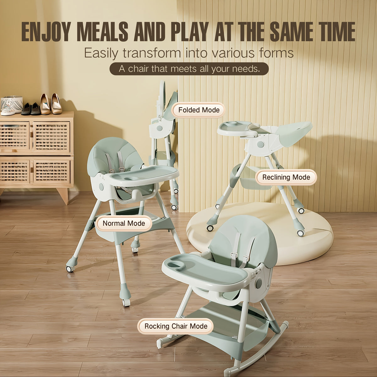 1 Adjustable Children's Dining Chair - Multifunctional, Portable, PU Leather, Blue And White Pattern, 5-point Seat Belt, with Tray Attached, Perfect for Home Use