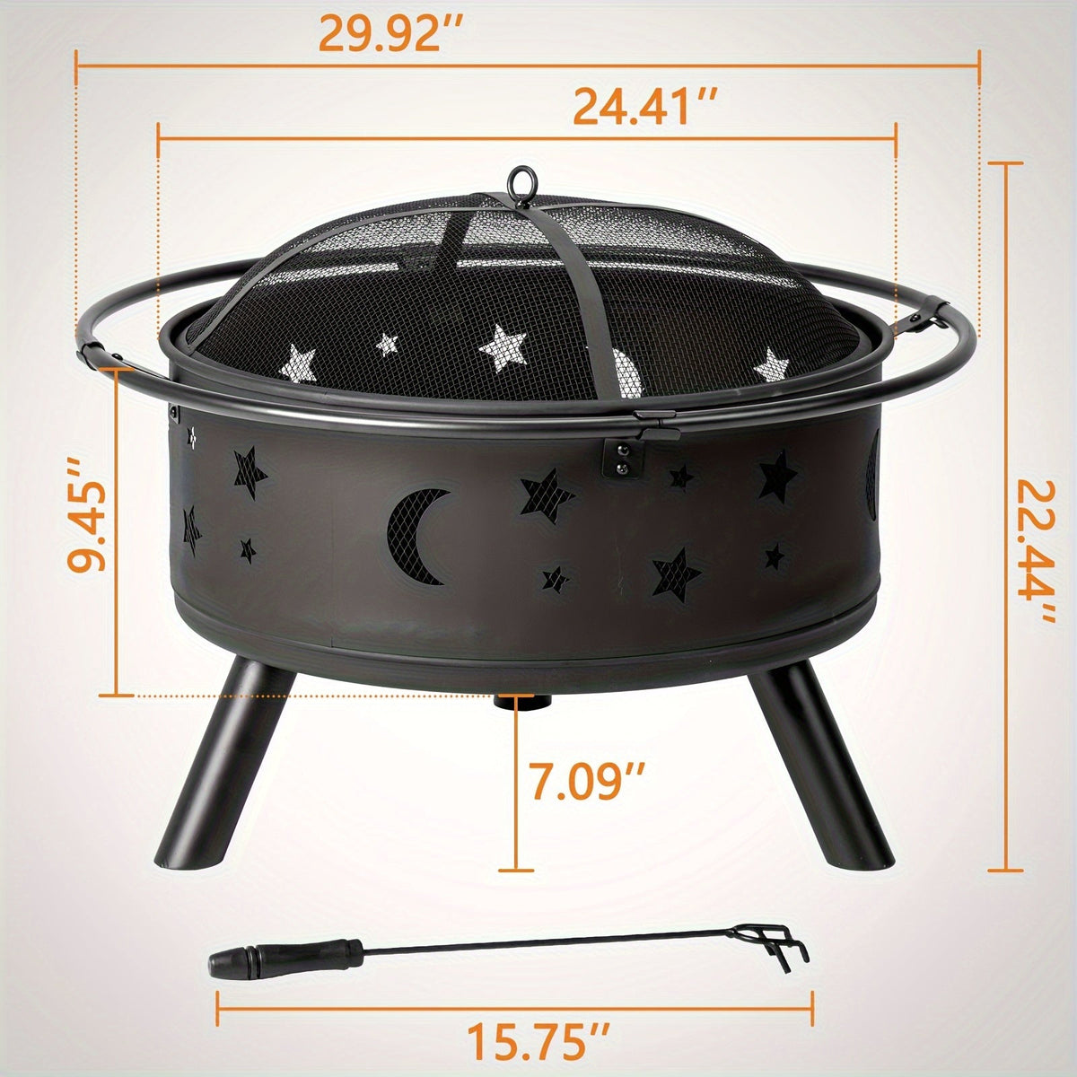 Fire Pit 30 Inch Round Wood Burning Outdoor Backyard Patio Steel Bowl with Spark Screen Mesh Lid Star Moon Cutout Carrying Ring Poker Included Black - product image 2