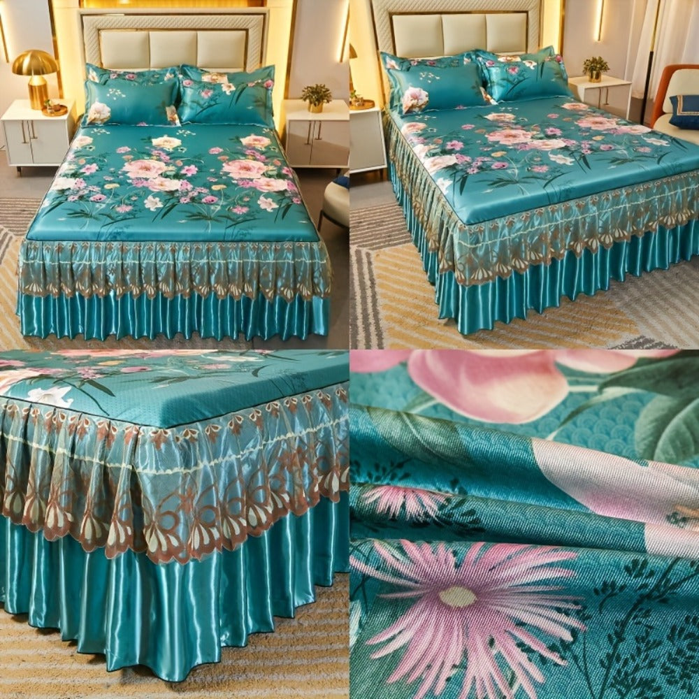 Floral Ruffle Bed Skirt Cool Mat 3 Piece Set with Pillowcase, Double Layer 360° Full Wrap Washable Cooling Mattress Cover, Breathable Summer Bedding Set for Twin Full Queen King, P - product image 30