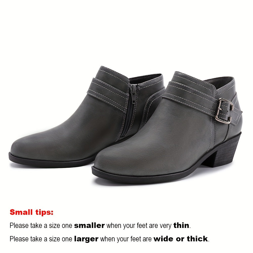 Women's Chunky Low Heel Ankle Boots, Classic Solid Color Buckle Strap & Side Zipper Booties, Women Shoes - product image 10