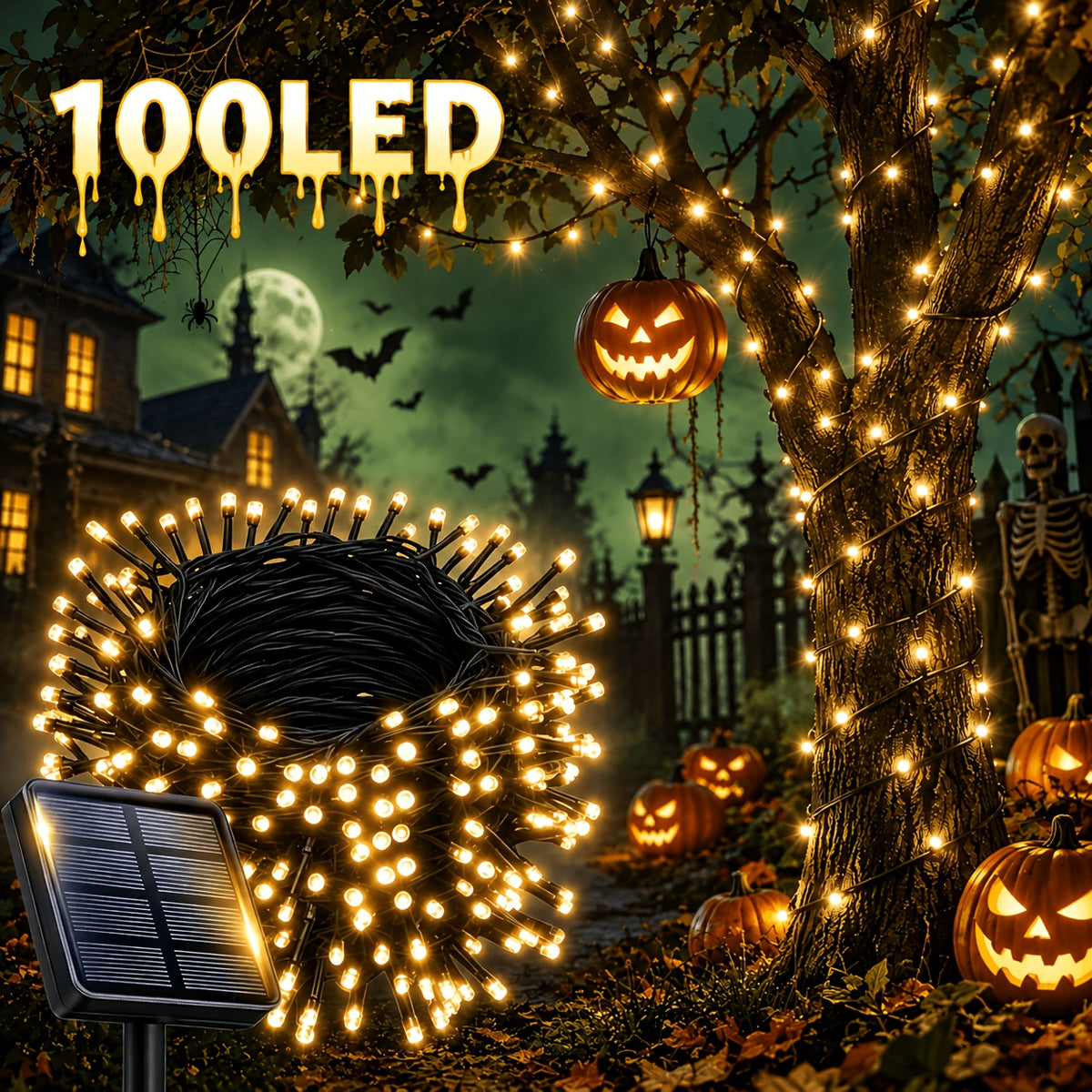 1 Pack of Solar Halloween String Lights, Spooky Vibe 39FT-100LED Fairy Lights in Orange And Purple for a Creepy Atmosphere, IP65 Outdoor Splash-Proof, Festive Hanging Lights Suitable for Christmas Yards, Gardens, And Camping Parties