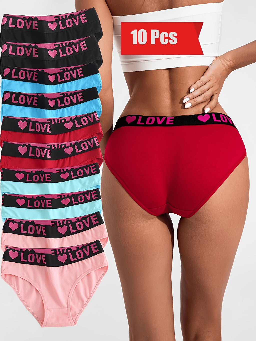 10pcs Loving Heart Ladies Panties Comfortable Breathable Women's Triangle Panties Wide Waistband - product image