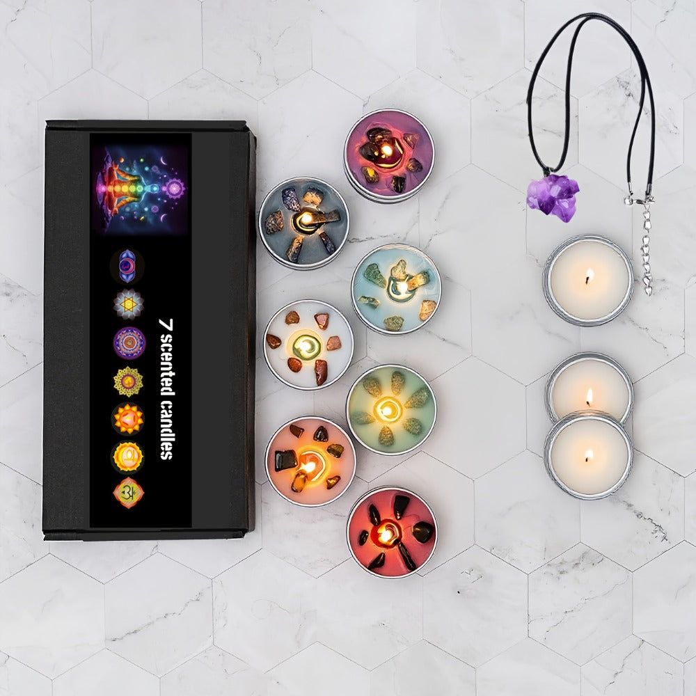 Scented Candle Gift Set 7 Soy Wax Candles with Natural Crystal Pendants 7 Colors Aromatherapy Candles for Home Decor Yoga Meditation Christmas Halloween Birthday Gift for Women Men - product image 2