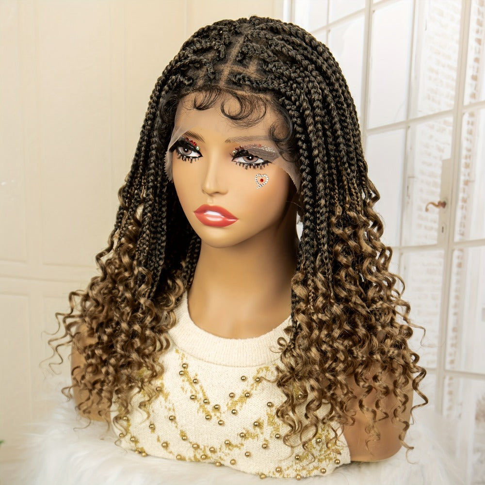 Goddess Braided Wig Knotless Bohemian Square Braid Full Lace Curly Wave 14-16 Inch Black Burgundy Brown Natural Hairline Protective Style Synthetic Wig for Women - product image 14