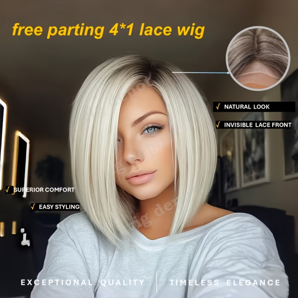 U Part Lace Front Bob Wig 4x1 Glueless Rose Net Cap Middle Part Natural Hairline Synthetic Wig for Women 14 Inch Brown Highlights Milky White Black Pink - product image 4