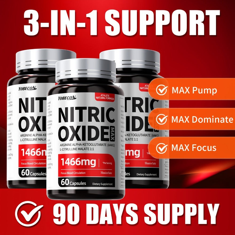 Nitric Oxide Supplement 1466mg with L-Arginine, L-Citrulline & Beet Root — Boosts Blood Flow, Muscle Pump, Endurance & Athletic Performance | Pre-Workout Capsules for Men & Women | - product image
