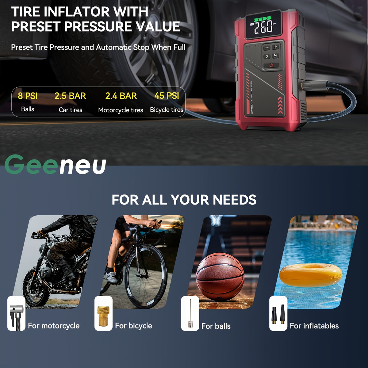 9-in-1 Portable Jump Starter with Air Compressor, 12V Car Battery Jump Starter, Portable Car Battery Charger, Fits 2.11gal Gas/ 1.72gal Diesel Fast Car - product image 8