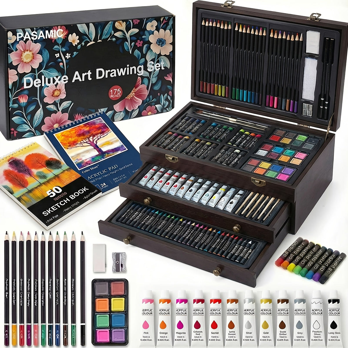 172 Piece Deluxe Art Set in Wooden Case with 2 Drawing Pads Crayons Acrylic Paints Colored Pencils Professional Art Kit Gift Box for Artists Beginners Ages 8+ Birthday Christmas for Festive Home Decor