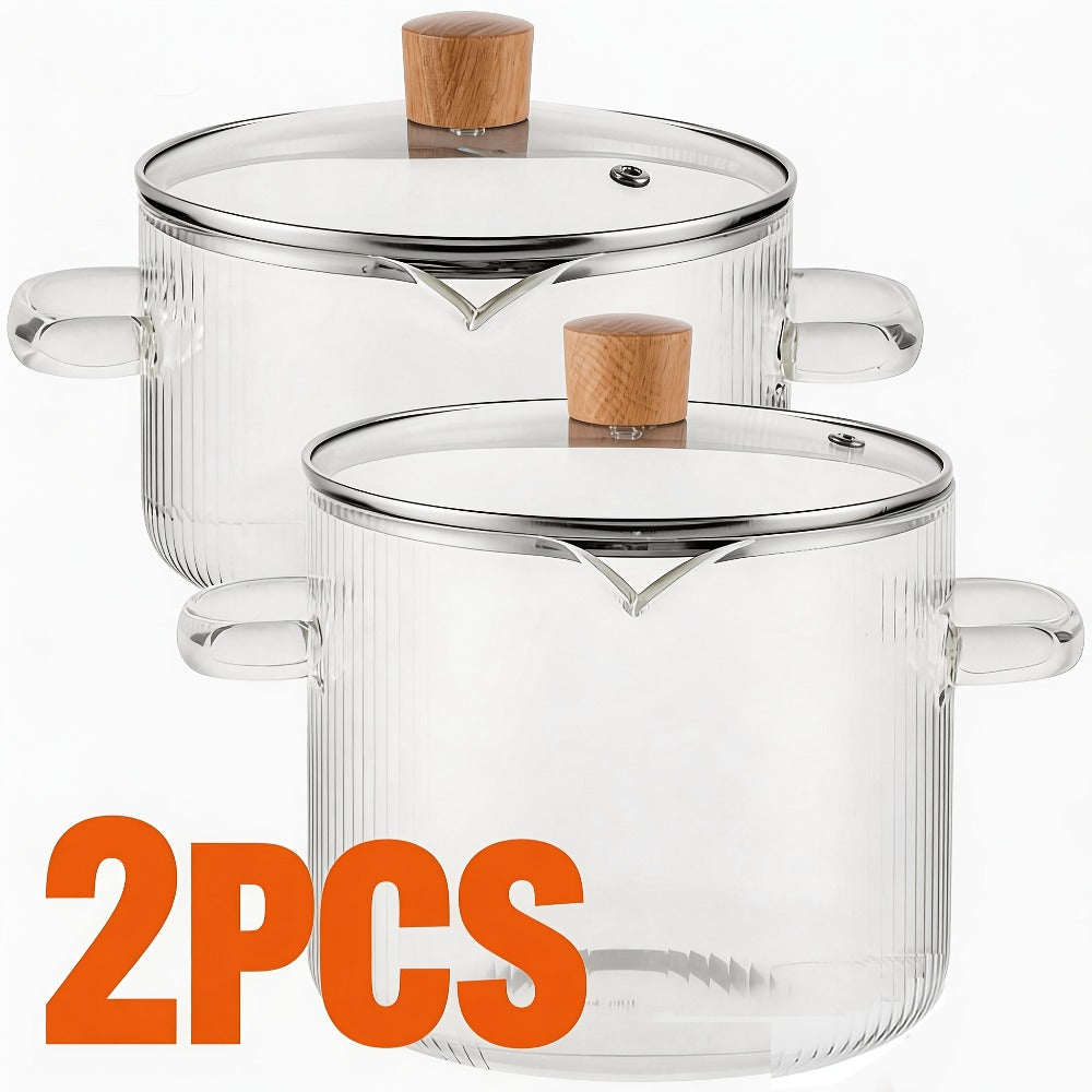 Glass Saucepan Set 2-Pack Stovetop Safe Borosilicate Ribbed Pots with Lids – 78oz & 54oz Heat Resistant Cookware for Soup, Ramen, Milk | Transparent Glass Pot Kitchen Cooking Set w - product image