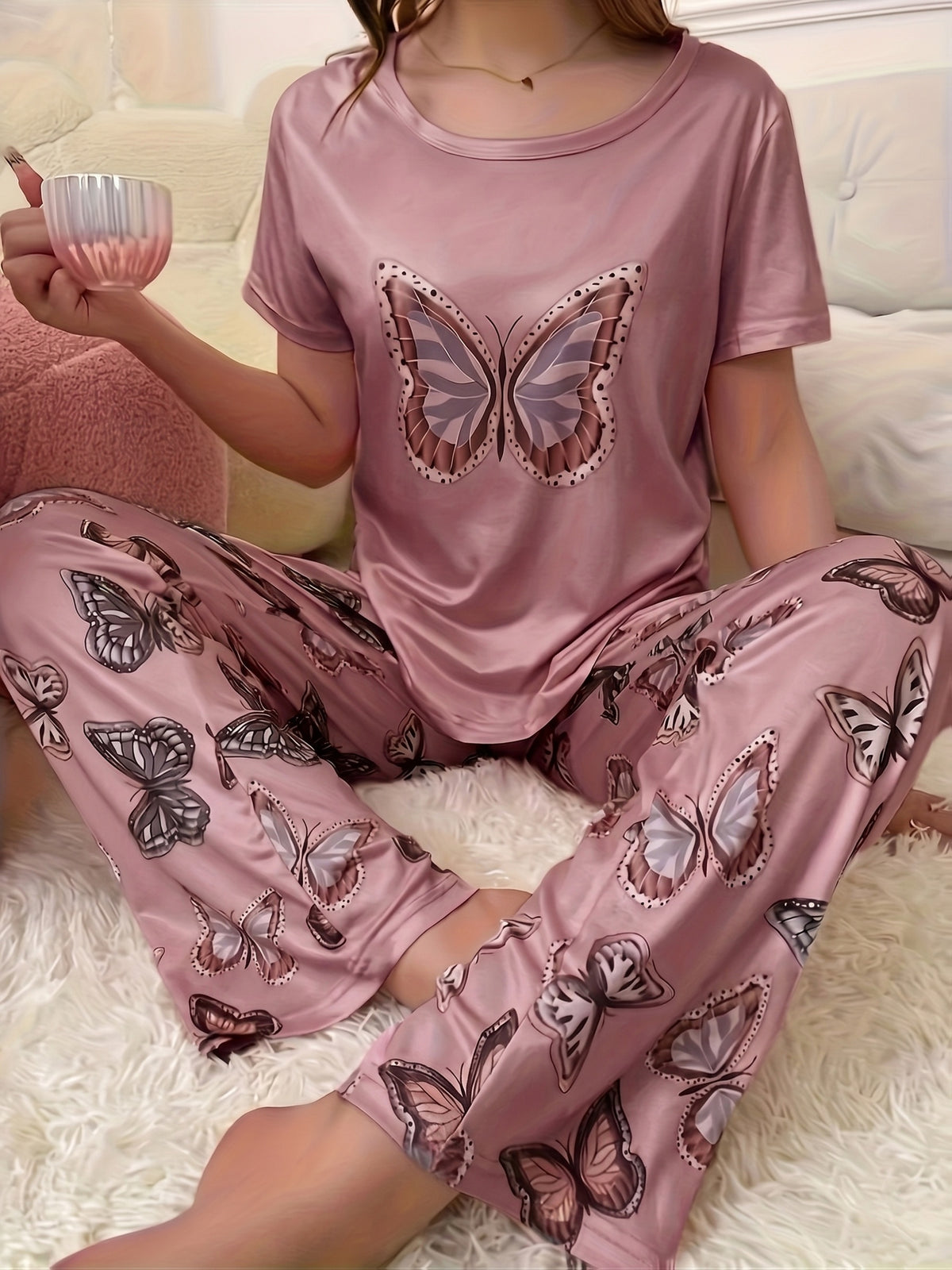 2pcs Women's Pajama Set With Butterfly Pattern Top and Pants - product image 4