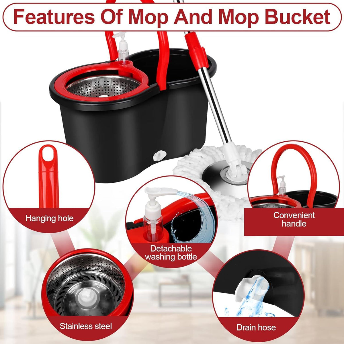 Spin Mop and Bucket with Wringer Set, 360° Spinning Mop Bucket System with 4 Microfiber Mop Replacement Heads and Stainless Steel Adjustable Handle for Floor - product image 3