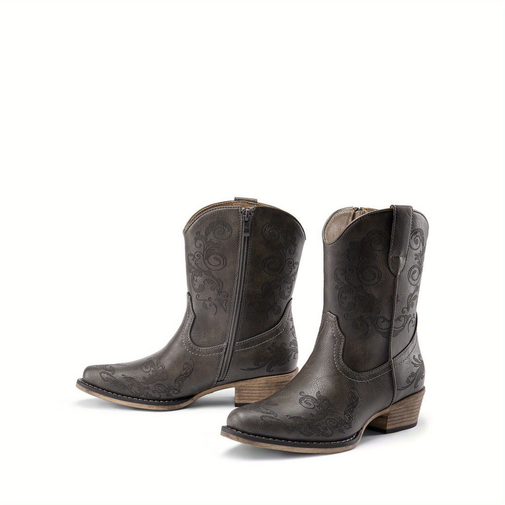 Women's Western Cowgirl Boots - Low Chunky Heel Square Toe Ankle Booties with French Heel & TPR Sole, Retro Round/for - Cowboy Boots for Ranch, Festival, Casual Wear (Zipper Closure), Women Shoes