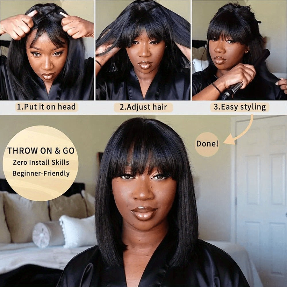 Straight Bob Wig with Bangs Human Hair 3x1 Lace Part Pre-Plucked Glueless Brazilian Short Bob 150 Density 1B/30 Highlight Natural Black 10-12 Inch Women - product image 9