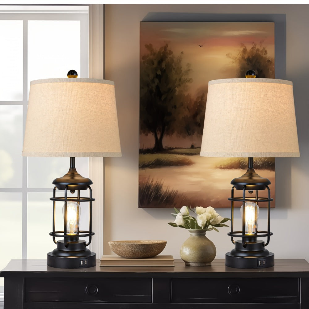 Farmhouse Table Lamps Set of 2 with 4 LED Bulbs | Touch Control 3-Way Dimmable Nightstand Lamp Dual USB Ports Natural Linen Shade Metal Black 22 Inch Bedroom Living Room - product image