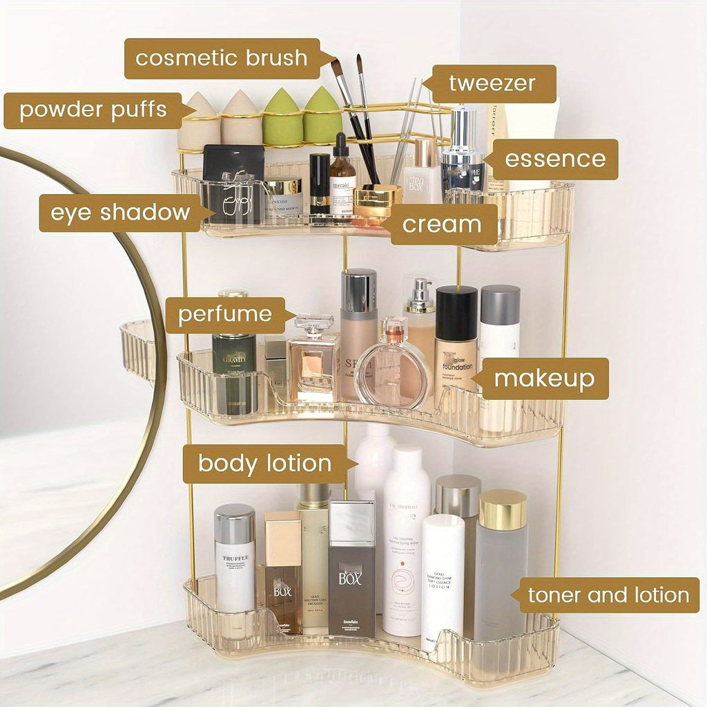 Bathroom Corner Shelf Organizer 2-in-1 Tiered Makeup Skincare Storage with Brush Holder No-Tool Install Space-Saving Countertop Vanity Dresser Kitchen Organizer Women - product image 12