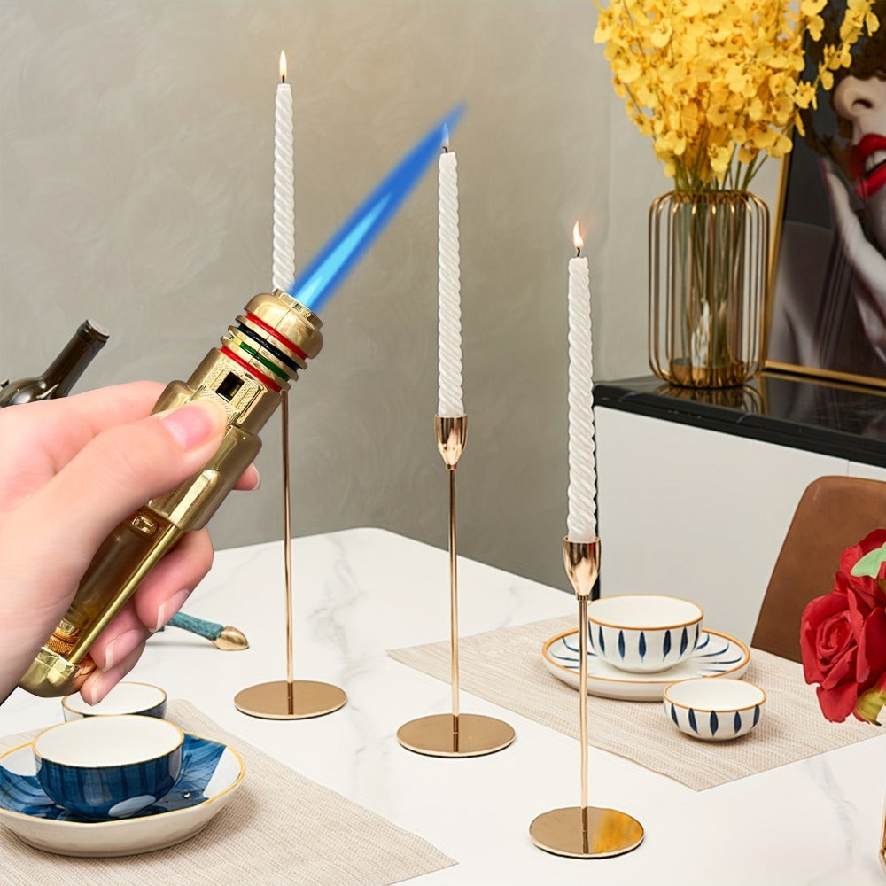 Butane Torch Lighter Windproof Jet Flame Zinc Alloy Refillable – Visible Fuel Tank, Adjustable Blue Flame, Rocket Design for Camping, BBQ, Cigar & Outdoor Use, Grey & Golden (No Bu - product image 8