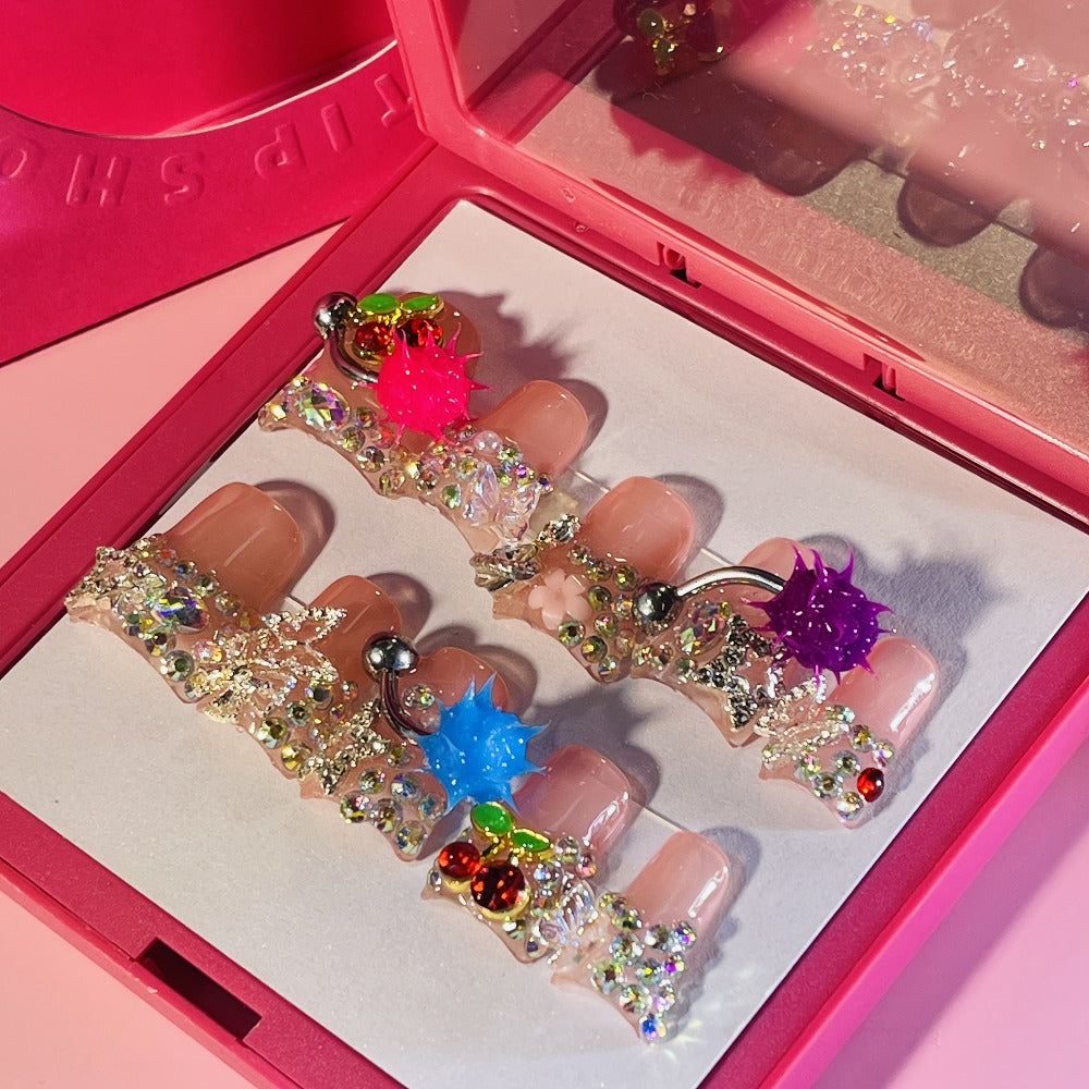 Y2K Duckbill Press On Nails Handmade 3D Charm – Nightmare Eye Barbell Rhinestone Strobe Gradient Star False Nails for Women Girls | Edgy Festival Party Nail Art | S M L Sizes Pink  - product image 5