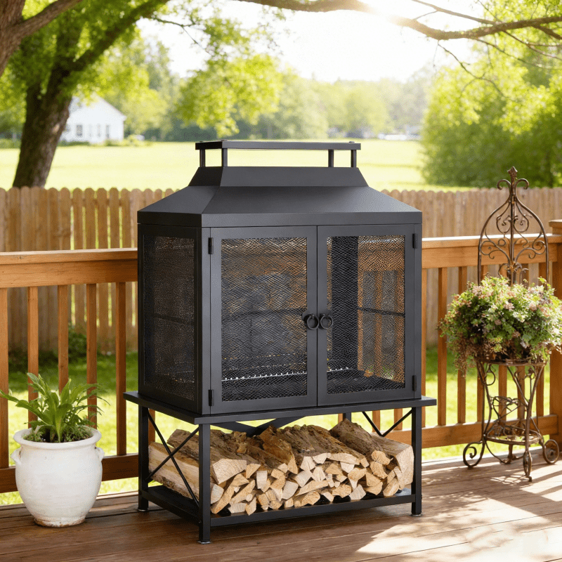 Outdoor Fireplace 39 Inch Rectangular Wood Burning Fire Pit with Grill, Spark Screen & Poker, Large Metal Patio Fireplace with Wood Storage for Garden Deck Backyard, Black - product image 4