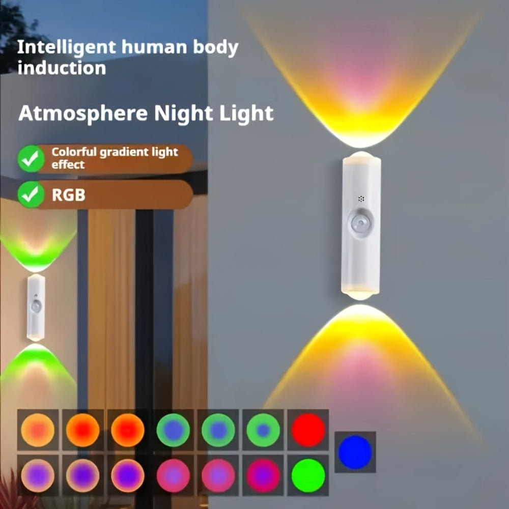 Cat Eye LED Wall Light Motion Sensor – 6 Pack USB Rechargeable Night Lamp, 3 Color Settings, Wireless Auto Sensing No Wiring for Bedroom Stairs Closet Bathroom Hallway (RGB / Three - product image
