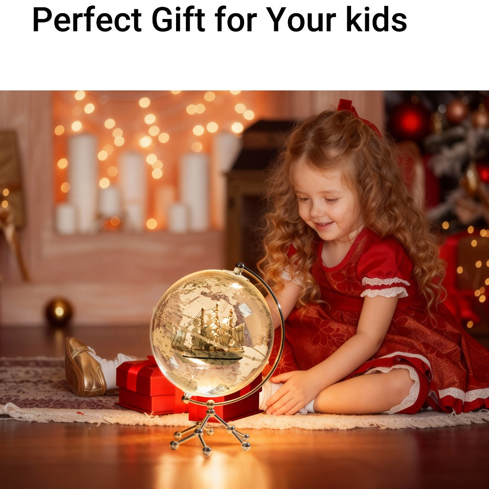 LED Lighted Globe for Kids & Adults 7.87 Inch Clear Acrylic Earth Globe Warm White Light Metal Stand Detailed World Map – Geography STEM Gift – Desktop Bookshelf Home Office Decor