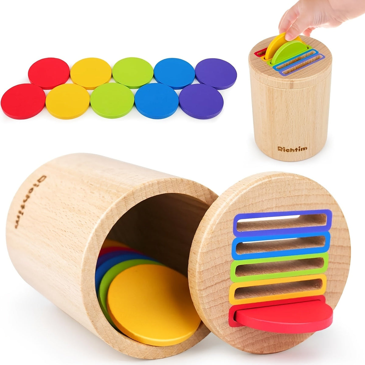 Montessori Educational Sensory Learning Toy with 10 Colorful Blocks & Storage Bag, Fine Motor & Hand-Eye Coordination Toy, Christmas Gift for Boys & Girls – Wooden Color Sorting Coin Box Toy for Toddlers 1+