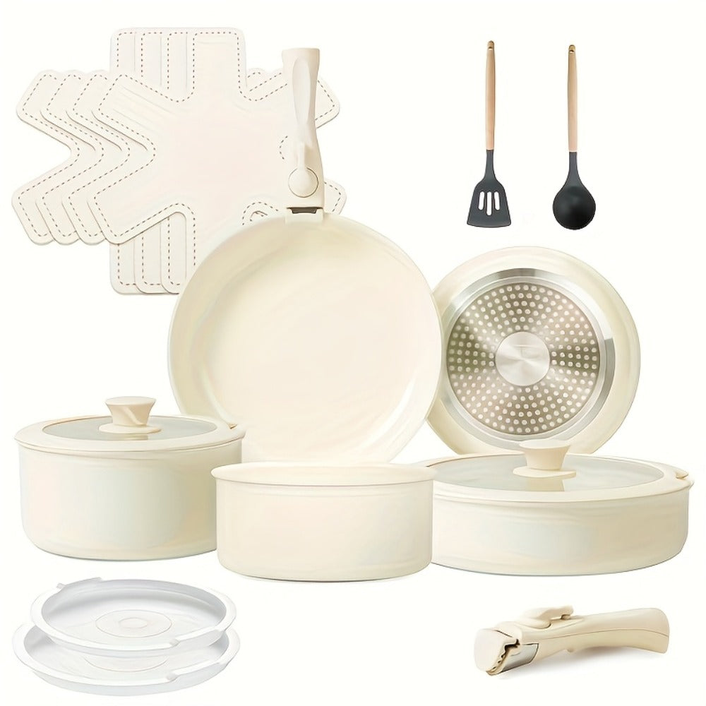 Ceramic Nonstick Cookware Set 17 Piece Pots and Pans with Removable Handles - PFOA Free Stackable Induction Ready Oven Dishwasher Safe RV Kitchen Set Frying Pans Sauce Pans Beige - product image