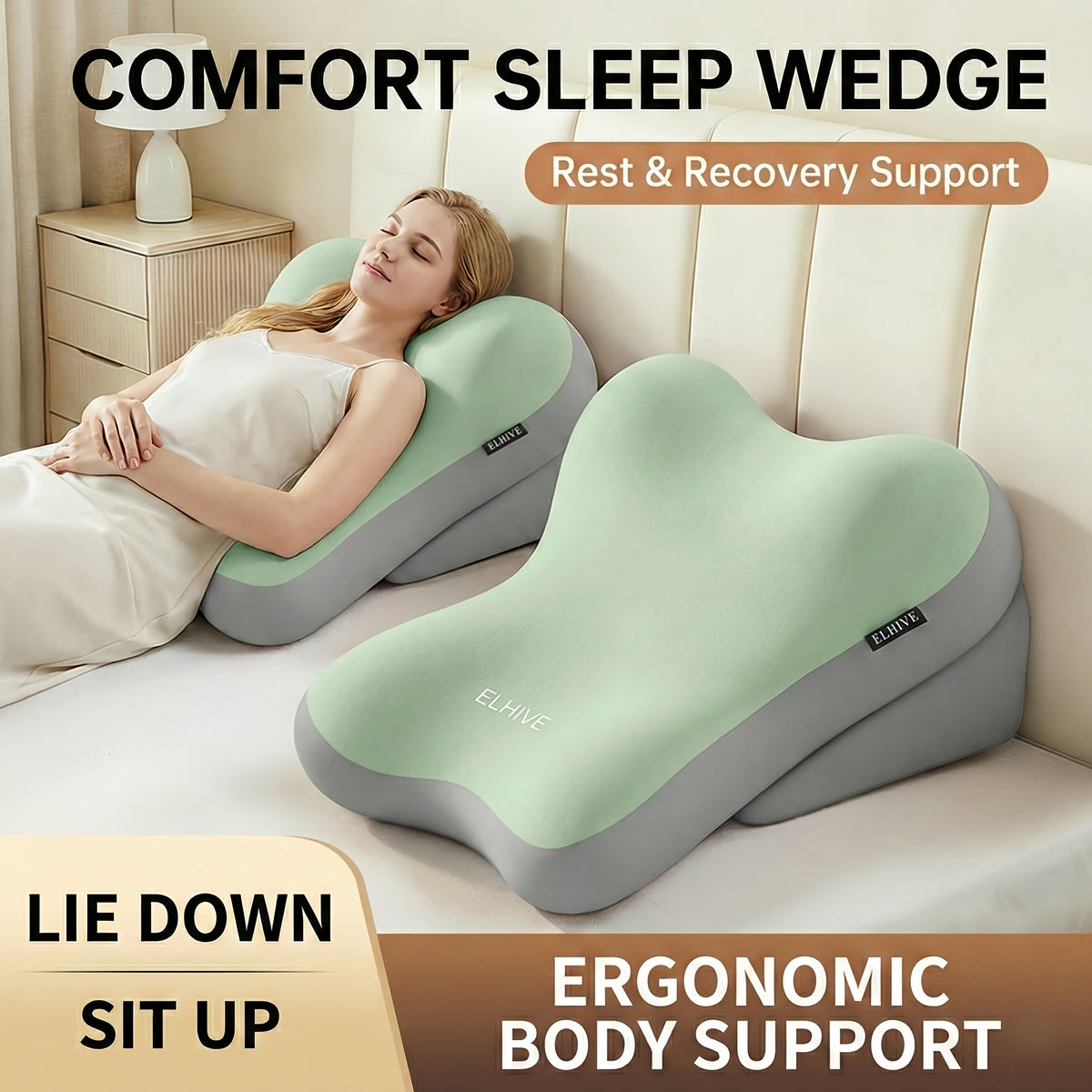 Adjustable Bed Wedge Reading Pillow - Large Memory Foam Backrest for Sitting Up in Bed - Soft C-Shaped Lounging Cushion for Headboard - Multi-Use for Phone - product image