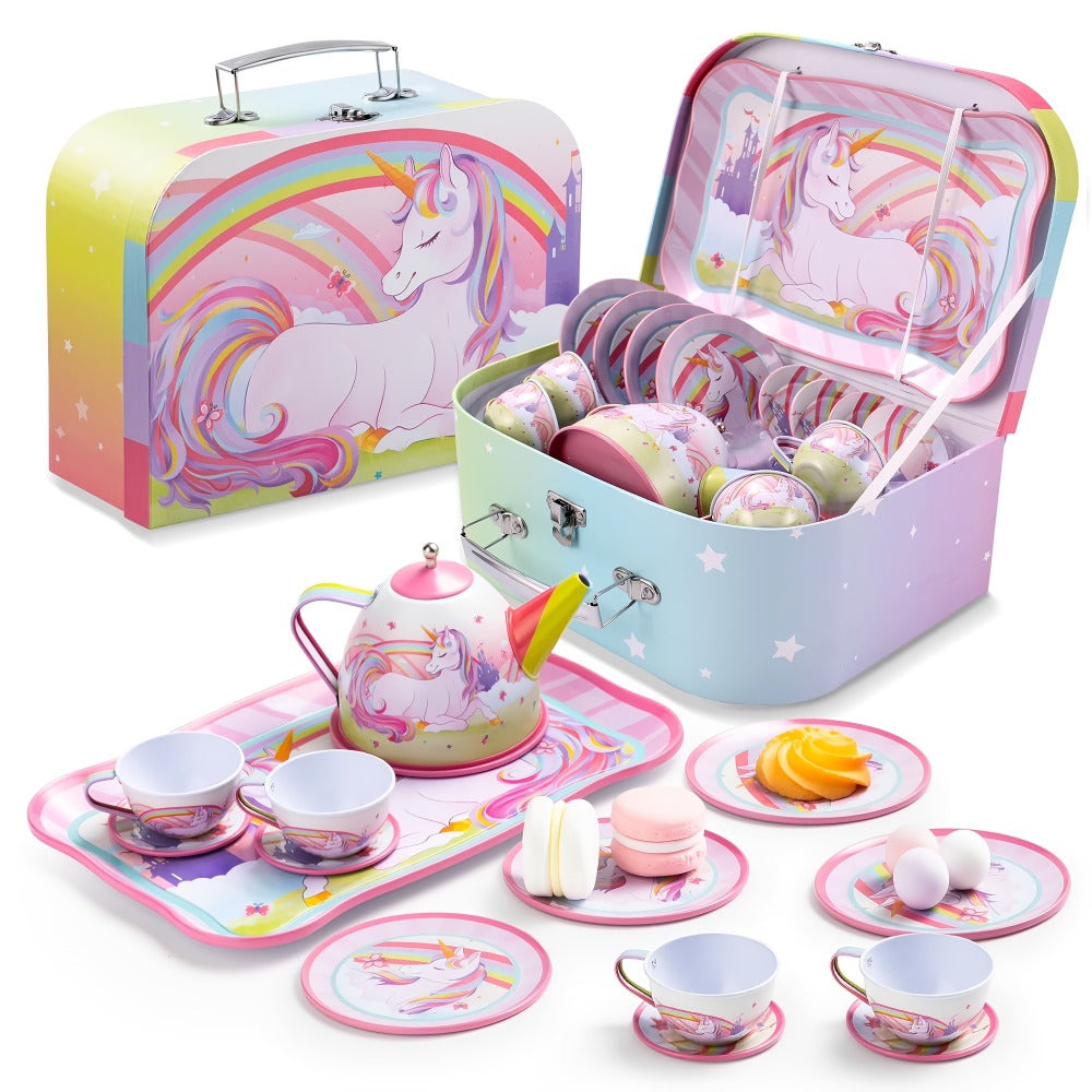 Pretend Play Pink Tin Teapot with Cups, Plates & Carrying Case, Magical Rainbow Design, Birthday Christmas Gift for Kids Ages 3+ | Unicorn Tea Party Set for - product image 8