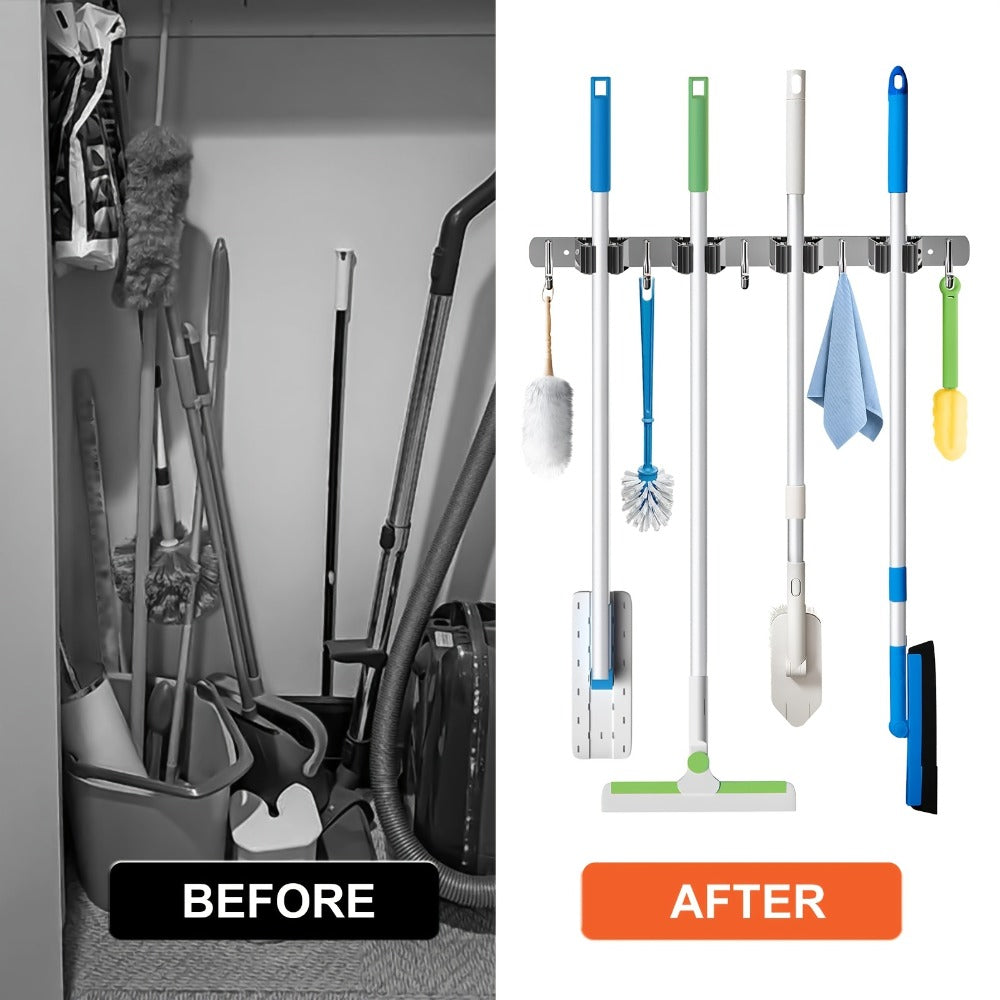 Wall Mounted Broom & Mop Holder – 304 Stainless Steel Broom Organizer with 4 Racks & 5 Hooks – Rustproof Non-Slip Wall Broom Hanger for Kitchen, Garage, Bathroom, Laundry & Closet  - product image 6