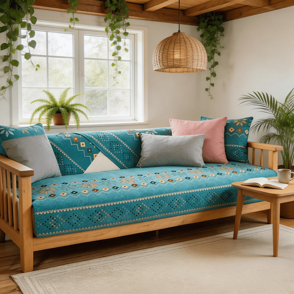 Chenille Sofa Cover Bohemian Style 1pc - Ethnic Pattern Anti-Slip Cat Scratch Resistant Skin-Friendly Couch Slipcover | 2 3 4 Seat Sizes White Green | Living Room Bedroom Office So - product image 4