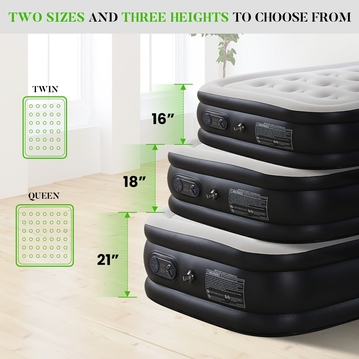 660 LBS Capacity Double Height Blow-Up Airbed with Non-Slip Bottom, Twin & Queen Sizes for Camping, Home & Guest Use | Inflatable Air Mattress with Built-In Pump 16"/18"/21" Thick