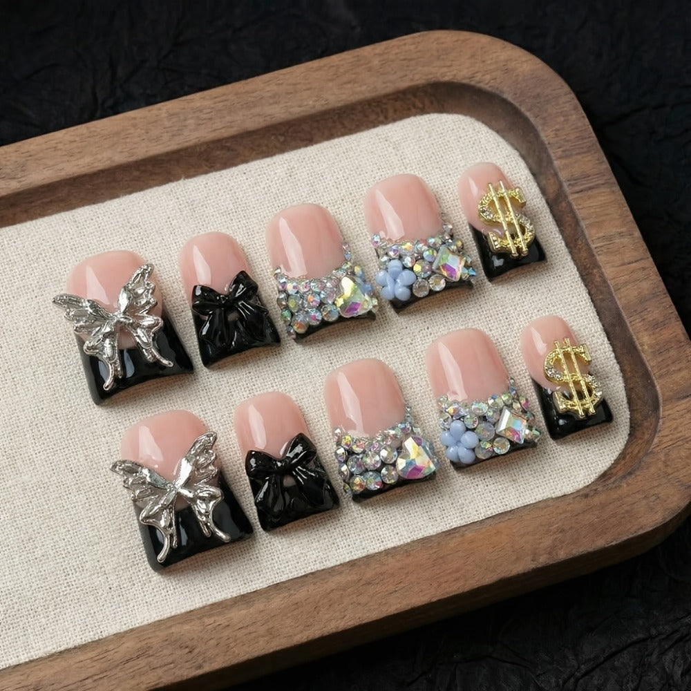 Black Nude Duckbill Press On Nails Medium Length – Glitter AB Rhinestone & Liquid Metal Butterfly Colorblock Handcrafted Acrylic Nail Set for Parties, Date Night & Daily Wear, 10pc - product image 7