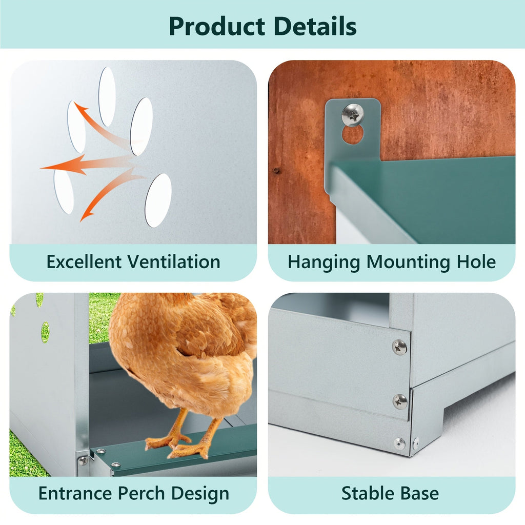 Metal 4/6/8-Hole Hen Nesting Box with Ventilation & Legs, Space-Saving Galvanized Steel Egg Laying Box for Indoor Outdoor Chicken Coop – Chicken Nesting Box - product image 4