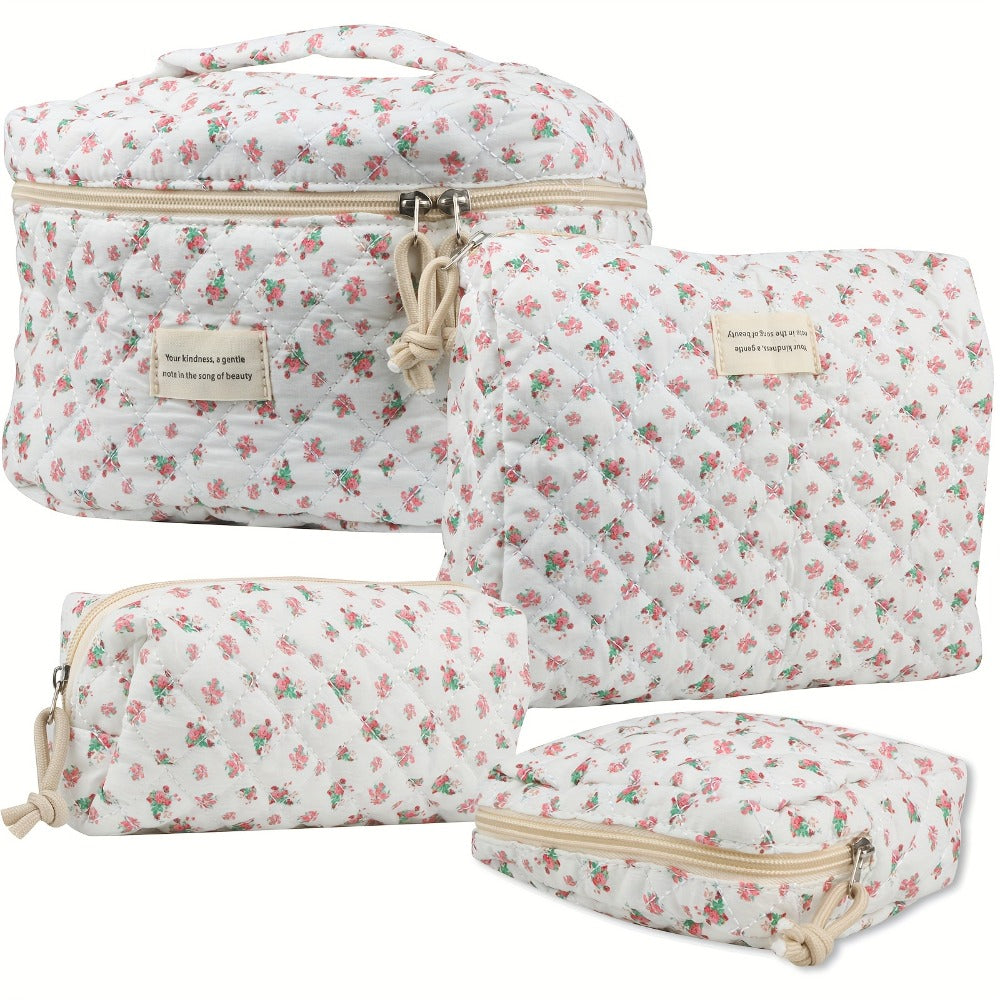 Quilted Makeup Bag Set 4-Piece Floral Rose Coquette Aesthetic Premium Cotton Cosmetic Organizer Travel Toiletry Pouch 4 Sizes for Women Girls Vanity Bathroom Gift - product image 3