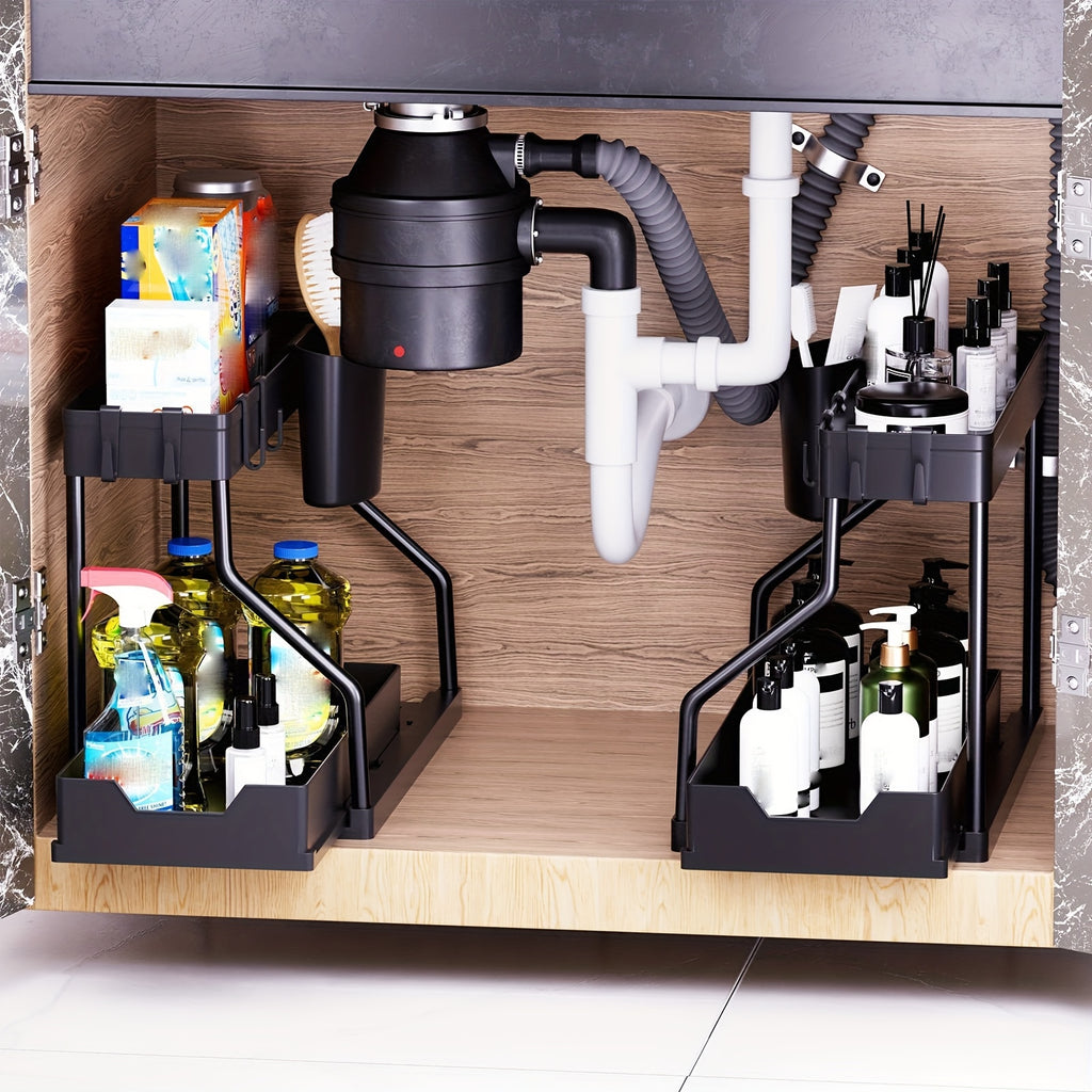 2pcs Under Sink Organizer with Sliding Shelves Multi-Purpose Black Plastic Storage Basket for Bathroom and Kitchen Cabinet Durable Construction Bathroom - product image 3